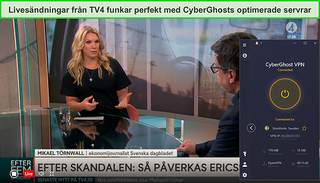 Sk&auml;rmdump av Tv4 som spelar en livestream medan CyberGhost &auml;r ansluten till sin optimerade server i Sverige.