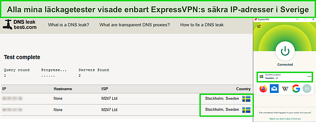 Sk&auml;rmdump av ett lyckat DNS-l&auml;ckagetest medan ExpressVPN &auml;r anslutet till en server i Sverige.