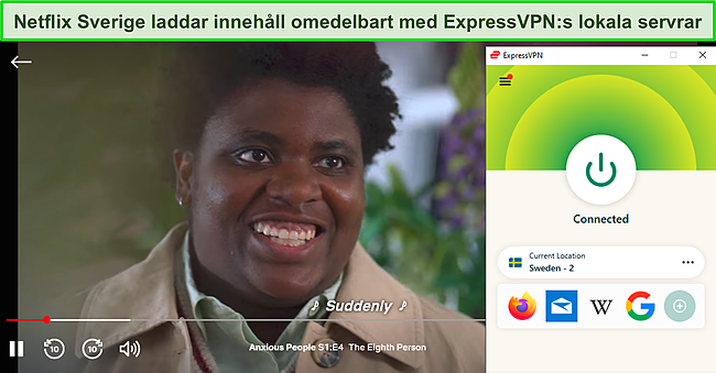 Sk&auml;rmdump av Anxious People som streamar p&aring; Netflix medan ExpressVPN &auml;r ansluten till en server i Sverige.