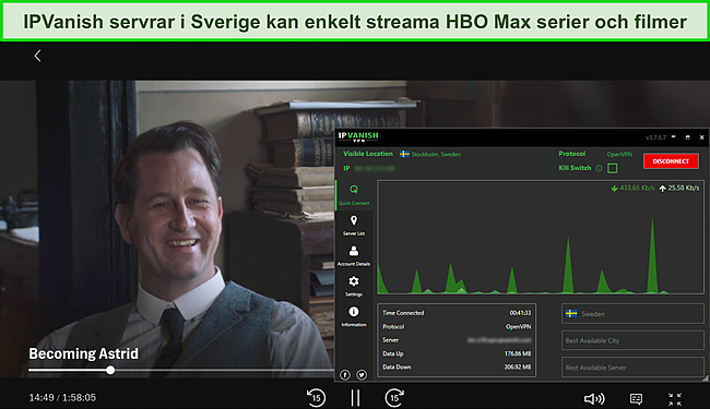 Sk&auml;rmdump av Becoming Astrid som streamar p&aring; HBO Max medan IPVanish &auml;r ansluten till en server i Stockholm.