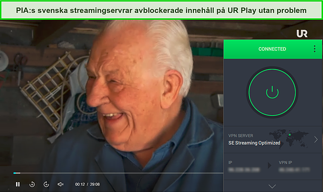 Sk&auml;rmdump av en show som spelas p&aring; URPlay medan PIA &auml;r ansluten till sin streamingoptimerade server i Sverige.