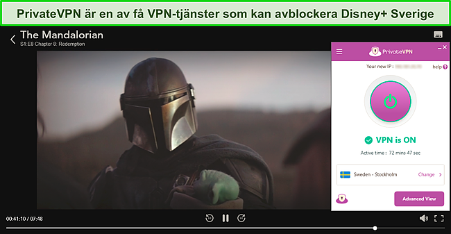 Sk&auml;rmdump av The Mandalorian som streamar p&aring; Disney+ medan PrivateVPN &auml;r ansluten till en server i Stockholm.