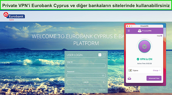 PrivateVPN'in Eurobank Cyprus engellemesini kaldırmasının ekran g&ouml;r&uuml;nt&uuml;s&uuml;.