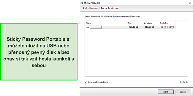 Sn&iacute;mek obrazovky Sticky Password Portable USB drive.