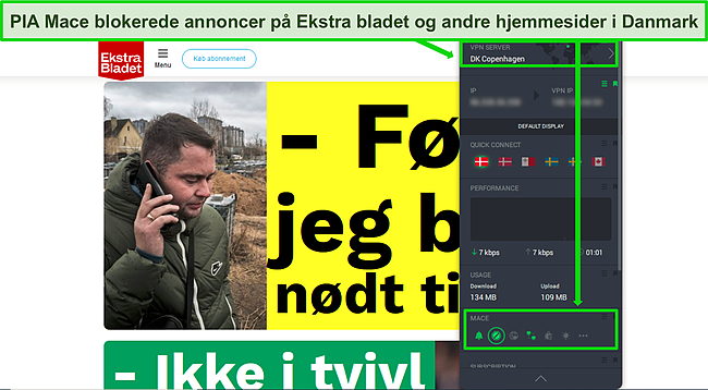 Skærmbillede af et reklamefrit Elkstra Bladet, mens PIAs udvidede brugergrænseflade viser, at PIA Mace er, mens VPN'en er forbundet til en server i Danmark.