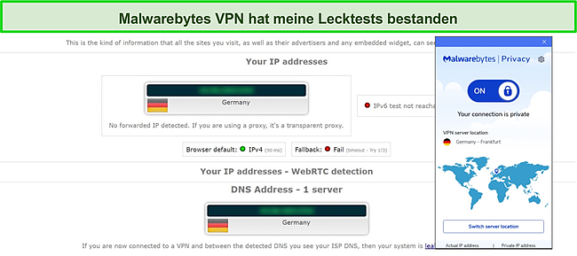 Screenshot der Ergebnisse des DNS-Leak-Tests f&uuml;r Malwarebytes VPN.