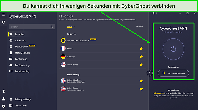 Die Benutzeroberfl&auml;che von CyberGhost, die die Schnellverbindungsfunktion und verschiedene f&uuml;r unterschiedliche Zwecke optimierte Server demonstriert.