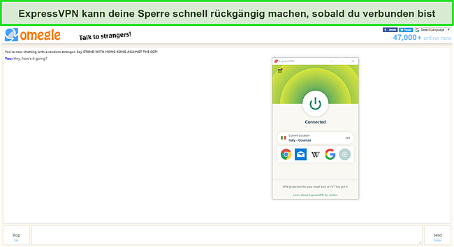 ExpressVPN entsperrt Omegle, w&auml;hrend es mit einem italienischen Server verbunden ist.