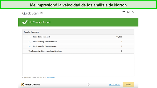 Captura de pantalla de los resultados del an&aacute;lisis r&aacute;pido de Norton 360.