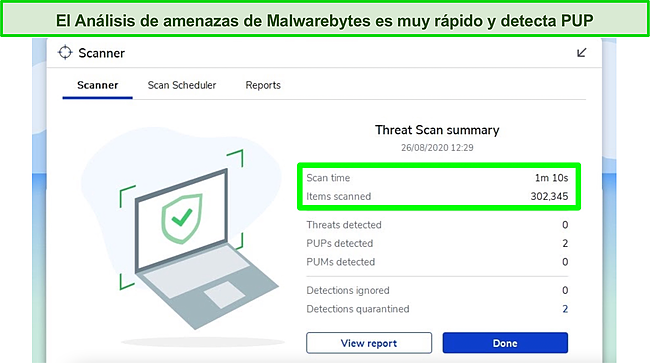 Captura de pantalla de los resultados del an&aacute;lisis de amenazas de Malwarebytes.