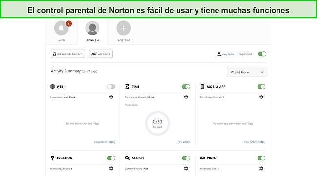 Captura de pantalla de la funci&oacute;n Control parental de Norton.