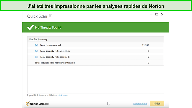 Capture d'&eacute;cran des r&eacute;sultats de l'analyse rapide de Norton 360.