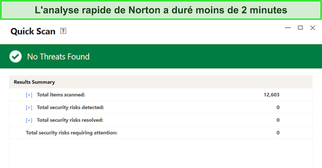 Capture d'&eacute;cran de l'examen de l'analyse rapide Norton