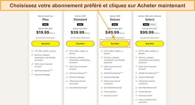 Capture d'&eacute;cran montrant comment choisir l'un des plans d'abonnement Norton