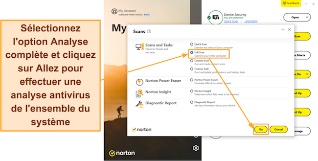 Capture d'&eacute;cran montrant comment d&eacute;marrer l'analyse compl&egrave;te de Norton