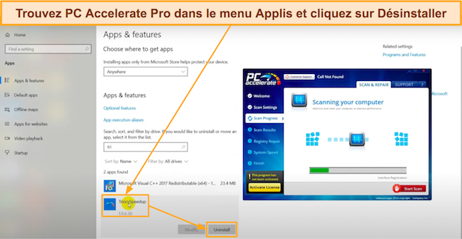 Capture d'&eacute;cran montrant comment rechercher et d&eacute;sinstaller PC Accelerate Pro