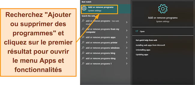 Capture d'&eacute;cran montrant comment ouvrir le menu des fonctionnalit&eacute;s des applications de Windows