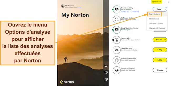 Capture d'&eacute;cran montrant comment acc&eacute;der au menu Options d'analyse de Norton