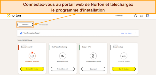 Capture d'&eacute;cran montrant comment t&eacute;l&eacute;charger la configuration de Norton