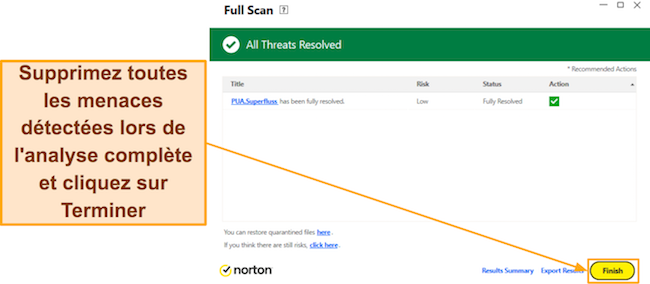 Capture d'&eacute;cran montrant comment effectuer l'analyse compl&egrave;te de Norton