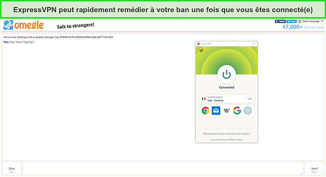 ExpressVPN d&eacute;bloque Omegle lorsqu'il est connect&eacute; &agrave; un serveur italien.