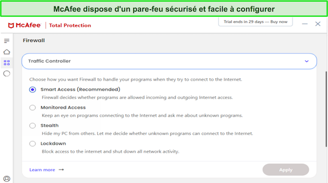 Capture d'&eacute;cran de la personnalisation du pare-feu antivirus McAfee