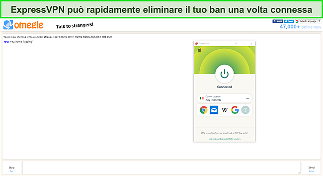 ExpressVPN che sblocca Omegle mentre &egrave; connesso a un server italiano.