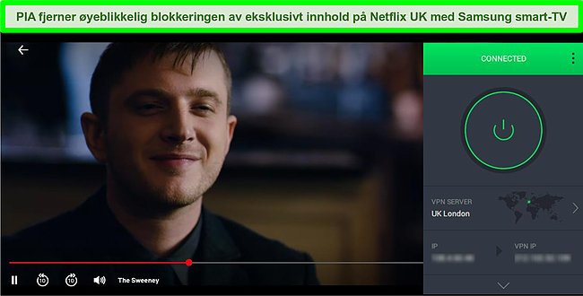 Skjermbilde av The Sweeney som str&oslash;mmer p&aring; Netflix UK mens PIA er koblet til en server i London.