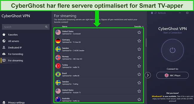Skjermbilde av CyberGhosts Windows-app med den optimaliserte str&oslash;mmeservermenyen &aring;pen og uthevet for &aring; vise forskjellige serveralternativer