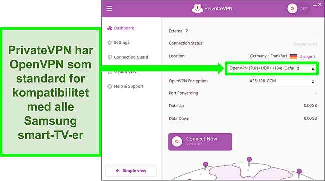 Skjermbilde av bruk av OpenVPN for det h&oslash;yeste niv&aring;et av kompatibilitet.