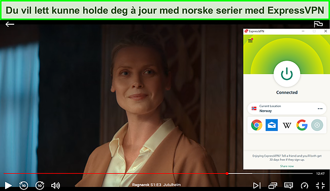 Skjermbilde av ExpressVPN som fjerner blokkeringen av Ragnarok p&aring; Netflix.