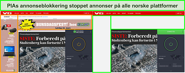 Skjermbilde som fremhever forskjellen mellom annonser som vises p&aring; VG uten PIA p&aring; og ingen annonser med PIA sl&aring;tt p&aring;.