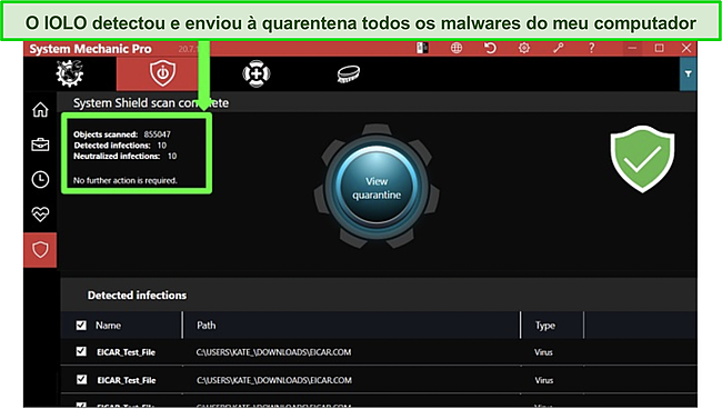 Captura de tela do antiv&iacute;rus IOLO removendo malware dos arquivos do sistema.