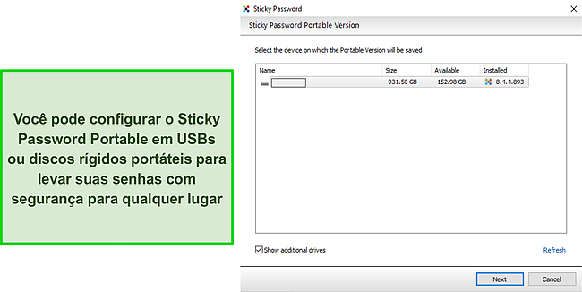 Captura de tela da unidade USB port&aacute;til Sticky Password.