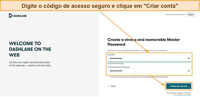 Digite o c&oacute;digo de acesso seguro e clique em "Criar conta" - Imagem de uma m&aacute;scara