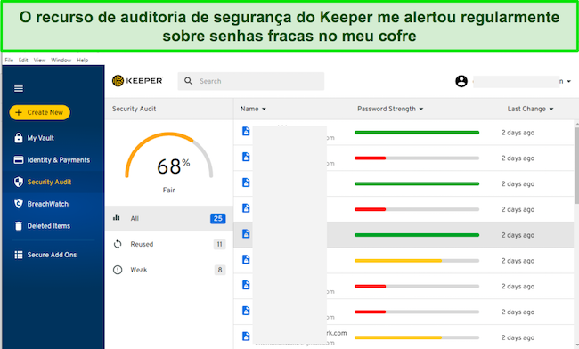Captura de tela da guia Auditoria de seguran&ccedil;a do Keeper