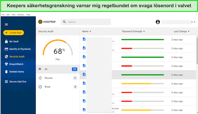 Sk&auml;rmdump av Keeper's Security Audit-fliken
