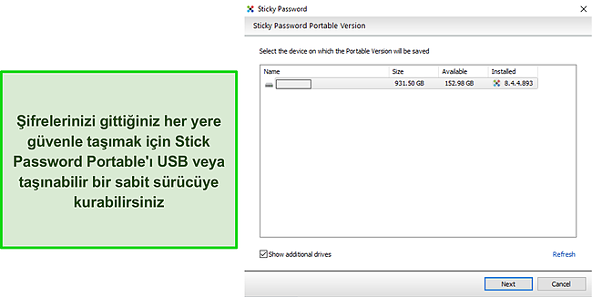 Yapışkan Parola Taşınabilir USB s&uuml;r&uuml;c&uuml;s&uuml;n&uuml;n ekran g&ouml;r&uuml;nt&uuml;s&uuml;.