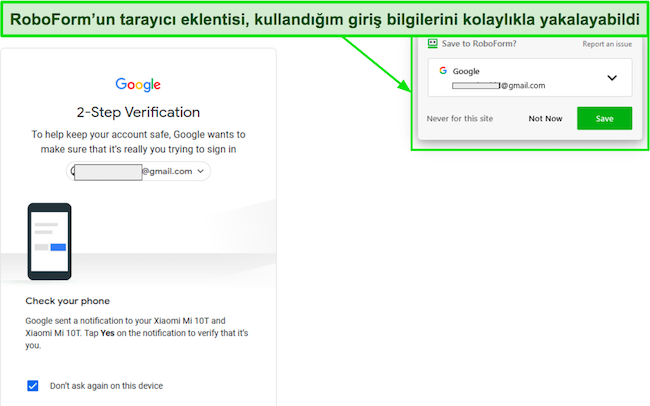 RoboForm'un Otomatik kaydetme &ouml;zelliğinin ekran g&ouml;r&uuml;nt&uuml;s&uuml;