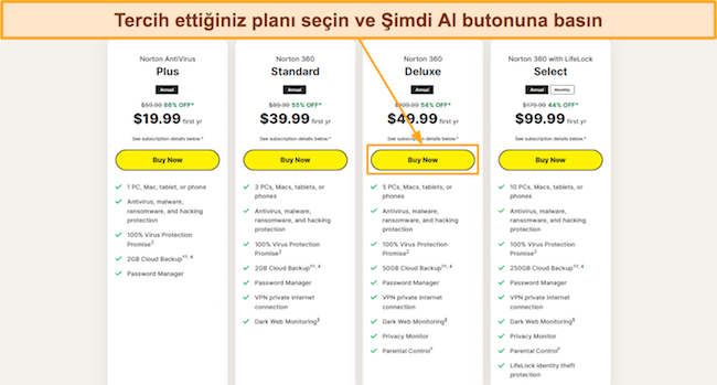 Norton'un abonelik planlarından birinin nasıl se&ccedil;ileceğini g&ouml;steren ekran g&ouml;r&uuml;nt&uuml;s&uuml;