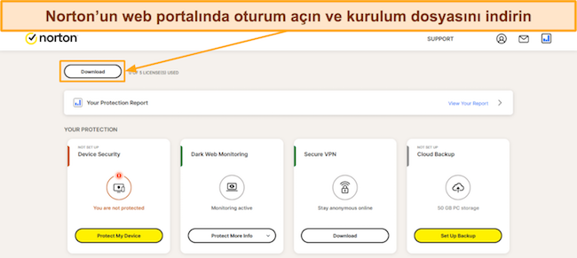 Norton kurulumunun nasıl indirileceğini g&ouml;steren ekran g&ouml;r&uuml;nt&uuml;s&uuml;