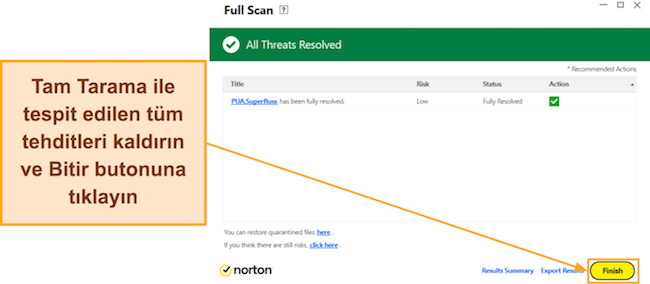 Norton'un Tam taramasının nasıl tamamlanacağını g&ouml;steren ekran g&ouml;r&uuml;nt&uuml;s&uuml;