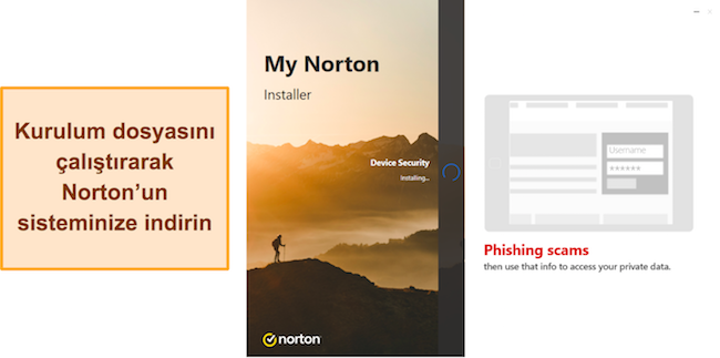 Norton kurulumunun Windows'ta devam ettiğini g&ouml;steren ekran g&ouml;r&uuml;nt&uuml;s&uuml;