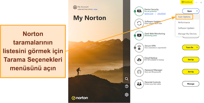 Norton'un Tarama Se&ccedil;enekleri men&uuml;s&uuml;ne nasıl erişileceğini g&ouml;steren ekran g&ouml;r&uuml;nt&uuml;s&uuml;