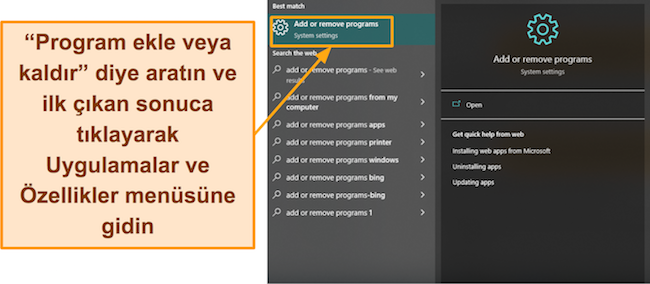 Windows'un Uygulama &ouml;zellikleri men&uuml;s&uuml;n&uuml;n nasıl a&ccedil;ılacağını g&ouml;steren ekran g&ouml;r&uuml;nt&uuml;s&uuml;
