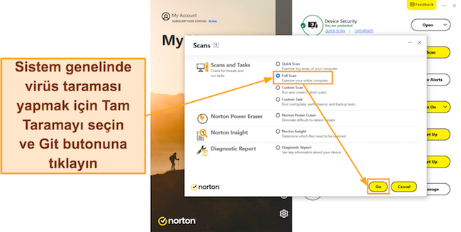 Norton'un Tam Taramasının nasıl başlatılacağını g&ouml;steren ekran g&ouml;r&uuml;nt&uuml;s&uuml;