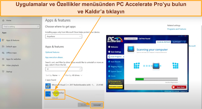 PC Accelerate Pro'nun nasıl bulunacağını ve kaldırılacağını g&ouml;steren ekran g&ouml;r&uuml;nt&uuml;s&uuml;