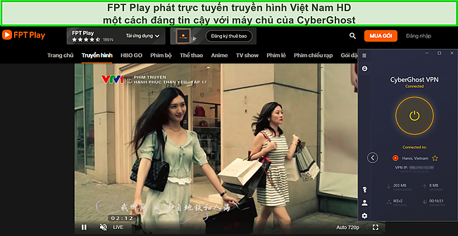 Ảnh chụp m&agrave;n h&igrave;nh FPT Play ph&aacute;t trực tuyến TV1 trong khi CyberGhost kết nối với m&aacute;y chủ tại Việt Nam.