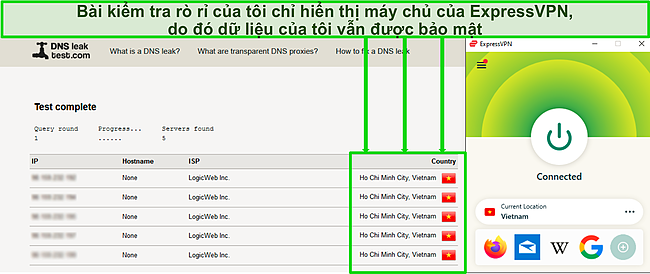 Ảnh chụp m&agrave;n h&igrave;nh kiểm tra r&ograve; rỉ DNS th&agrave;nh c&ocirc;ng trong khi ExpressVPN được kết nối với m&aacute;y chủ tại Việt Nam.