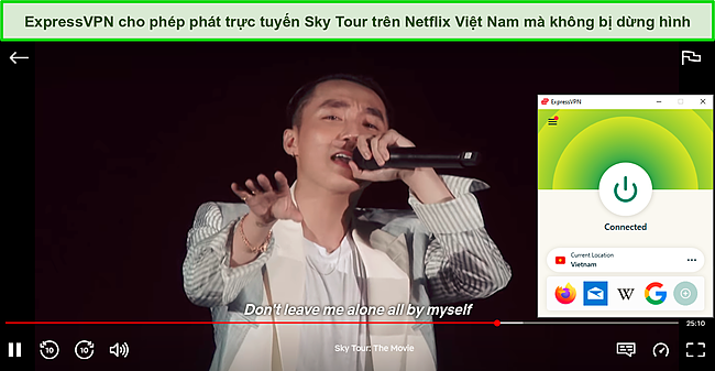 Ảnh chụp m&agrave;n h&igrave;nh Sky Tour: Phim đang ph&aacute;t trực tuyến tr&ecirc;n Netflix trong khi ExpressVPN được kết nối với m&aacute;y chủ tại Việt Nam.